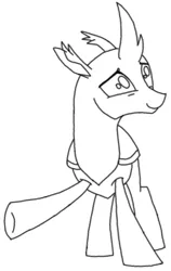 Size: 454x720 | Tagged: safe, artist:agdapl, derpibooru import, oc, unofficial characters only, changedling, changeling, base, changedling oc, changeling oc, image, lineart, monochrome, png, raised hoof, simple background, smiling, solo, white background