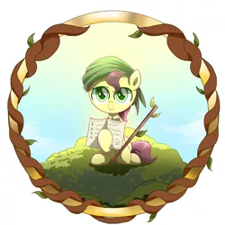 Size: 2000x2000 | Tagged: safe, artist:ce2438, derpibooru import, oc, oc:acorn sprout, oc:yinglongfujun, earth pony, pony, basque country, book, brown mane, clothes, colt, father oak, green eyes, headscarf, image, male, navarre, oak, png, scarf, smiling, solo, spain, tree, tree branch, yellow coat