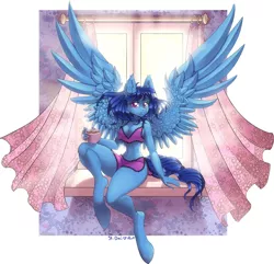 Size: 1280x1232 | Tagged: safe, artist:pony straponi, derpibooru import, oc, oc:anima, unofficial characters only, anthro, pegasus, unguligrade anthro, anthro oc, belly button, blue, clothes, coffee, commission, curtains, female, full body, image, jpeg, pajamas, pegasus oc, sitting, solo, spread wings, sun light, window, windowsill, wings