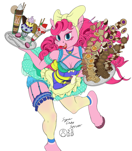 Size: 1743x2000 | Tagged: safe, artist:sepiakeys, derpibooru import, pinkie pie, anthro, unguligrade anthro, apron, bell, bell collar, bloomers, bow, bra, bra strap, choker, clothes, collar, cookie, detailed, female, food, garter, garter strap, hair bow, image, lace, obi, parfait, pen in hair, petticoat, pinafore, png, server pinkie pie, serving tray, skirt, socks, solo, stockings, thigh highs, tray, underwear, waitress