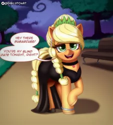 Size: 2000x2217 | Tagged: safe, artist:dibujito, derpibooru import, applejack, earth pony, pony, alternate hairstyle, bracelet, clothes, dialogue, dress, ear piercing, earring, female, image, jewelry, jpeg, looking at you, makeover, necklace, park, park bench, piercing, solo, solo female, speech bubble