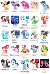 Size: 604x900 | Tagged: safe, derpibooru import, apple bloom, applejack, big macintosh, bon bon, derpy hooves, doctor whooves, fluttershy, gummy, lyra heartstrings, minuette, octavia melody, pinkie pie, princess celestia, princess luna, rainbow dash, rarity, roseluck, scootaloo, spitfire, sweetie belle, sweetie drops, time turner, trixie, twilight sparkle, vinyl scratch, zecora, alicorn, alligator, earth pony, pegasus, pony, unicorn, adobe flash, adorabon, audacity, bowtie, colt, cute, cutefire, diabetes, dictionary, doctor who, downloadable, female, filly, filly applejack, filly bon bon, filly celestia, filly derpy, filly fluttershy, filly luna, filly lyra, filly minuette, filly octavia, filly pinkie pie, filly rainbow dash, filly rarity, filly roseluck, filly spitfire, filly trixie, filly twilight sparkle, filly vinyl scratch, filly zecora, firefox, foal, gimp, glasses, goggles, google chrome, gummybetes, headphones, icon, illustrator, image, image capture, iphoto, itunes, jpeg, last.fm, looking at you, lyrabetes, macabetes, male, microsoft word, minecraft, minubetes, mouth hold, msn, nom, one eye closed, paintbrush, photoshop, portal (valve), portal 2, preview, scooter, skype, smiling, sonic screwdriver, steam (software), system preferences, team fortress 2, time machine, video player, vinylbetes, vlc, vuze, wink, woona, younger