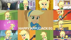 Size: 1280x721 | Tagged: safe, derpibooru import, edit, edited screencap, editor:quoterific, screencap, applejack, a queen of clubs, best in show: the victory lap, camping must-haves, driving miss shimmer, epic fails (equestria girls), eqg summertime shorts, equestria girls, equestria girls (movie), equestria girls series, legend of everfree, monday blues, rainbow rocks, rollercoaster of friendship, shake things up!, shake your tail, spoiler:eqg series (season 2), ^^, applejack's hat, bass guitar, belt, best in show logo, better than ever, camp everfree outfits, clothes, cowboy hat, crossed arms, cute, cutie mark, cutie mark on clothes, denim skirt, driving miss shimmer: applejack, eyes closed, female, geode of super strength, hat, helping twilight win the crown, image, jackabetes, jewelry, laughing, lockers, magical geodes, musical instrument, necklace, open mouth, photo booth (song), png, skirt, smiling, smoke, solo