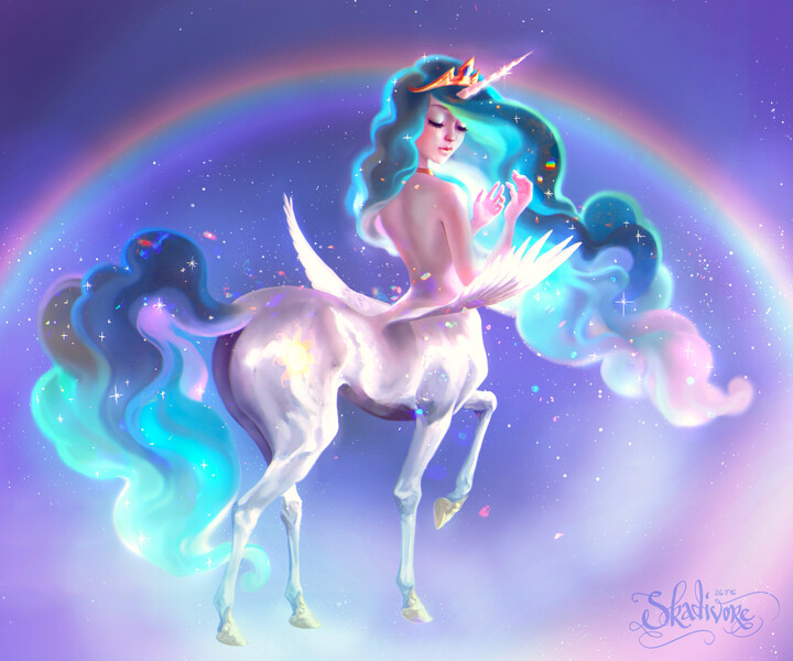 Size: 3183x2651 | Tagged: safe, artist:skadivore, derpibooru import, princess celestia, centaur, human, eyes closed, female, galaxy, humanized, image, jpeg, solo