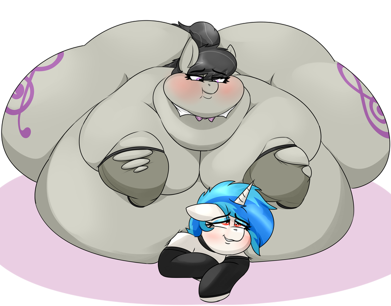Size: 3200x2500 | Tagged: questionable, artist:coatieyay, derpibooru import, octavia melody, vinyl scratch, earth pony, pony, unicorn, bingo wings, blushing, bowtie, chubby cheeks, fat, fat fetish, fatavia, female, fetish, image, immobile, lesbian, morbidly obese, obese, png, scratchtavia, shipping