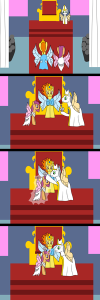 Size: 1024x3072 | Tagged: safe, artist:platinumdrop, derpibooru import, scootaloo, spitfire, oc, alicorn, fairy, alternate hairstyle, bishop, clothes, comic, coronation, crown, dress, fairy wings, image, jewelry, png, regalia, request, throne, wings