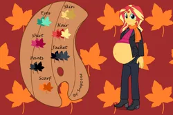 Size: 3600x2400 | Tagged: safe, artist:mintydrop2013, derpibooru import, sunset shimmer, comic:inner thoughts, equestria girls, belly, belly button, big belly, boots, clothes, coat, cute, high heel boots, high heels, image, leaves, mama sunset, paint palette, pants, png, pocket, pregnant, reference, reference sheet, scarf, shimmerbetes, shoes, simple background, sunset preggers, sweater