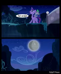 Size: 1288x1572 | Tagged: safe, derpibooru import, edit, edited screencap, editor:teren rogriss, screencap, spike, twilight sparkle, alicorn, dragon, the cutie re-mark, alternate timeline, crossover, death star, image, jpeg, nightmare takeover timeline, star wars, that's no moon, twilight sparkle (alicorn)