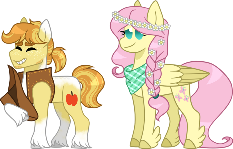 Size: 1024x656 | Tagged: safe, artist:artistcoolpony, derpibooru import, braeburn, fluttershy, earth pony, pegasus, pony, alternate hairstyle, braeshy, braid, eyes closed, feathered fetlocks, female, floral head wreath, flower, image, male, mare, png, ponytail, shipping, simple background, smiling, socks (coat marking), stallion, straight, transparent background, unshorn fetlocks