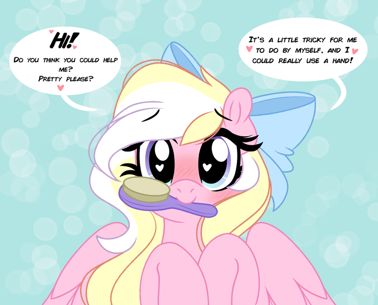 Size: 3555x2873 | Tagged: safe, artist:emberslament, derpibooru import, oc, oc:bay breeze, unofficial characters only, pegasus, pony, blushing, bow, brush, cute, female, hair bow, hairbrush, heart eyes, image, looking at you, mare, mouth hold, ocbetes, png, simple background, solo, speech bubble, talking to viewer, wingding eyes