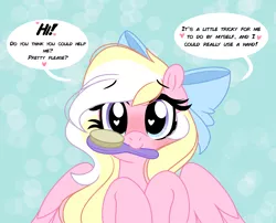 Size: 3555x2873 | Tagged: safe, artist:emberslament, derpibooru import, oc, oc:bay breeze, unofficial characters only, pegasus, pony, blushing, bow, brush, cute, female, hair bow, hairbrush, heart eyes, image, looking at you, mare, mouth hold, ocbetes, png, simple background, solo, speech bubble, talking to viewer, wingding eyes