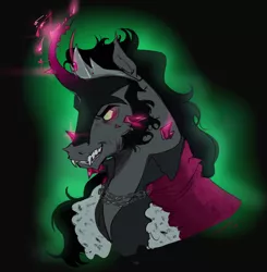 Size: 1120x1143 | Tagged: safe, artist:gloomy-doom, derpibooru import, king sombra, pony, umbrum, unicorn, alternate design, cape, clothes, crown, crystal, fangs, image, jewelry, jpeg, male, regalia, simple background, solo, stallion