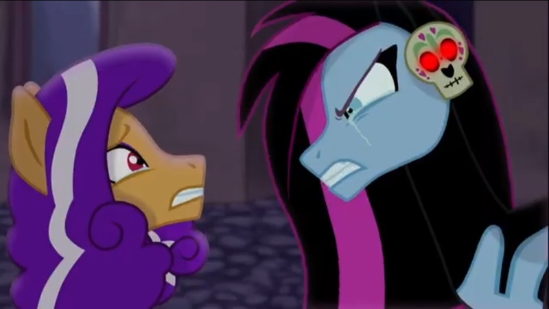 Size: 1136x640 | Tagged: safe, derpibooru import, oc, angry, crying, daughter, duo, female, gritted teeth, image, jpeg, looking at each other, midnight mares, mother, mother and child, mother and daughter, skull