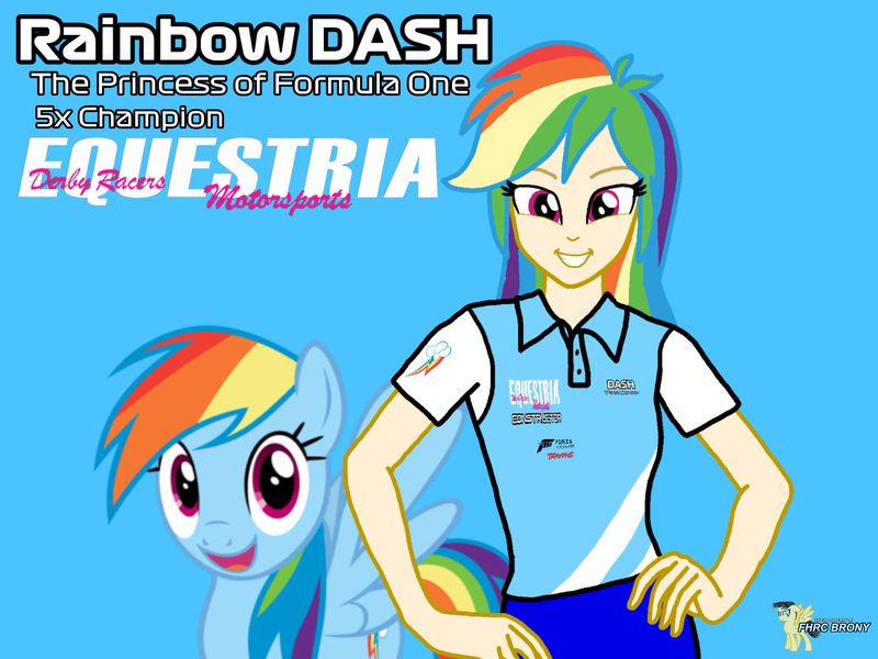 Size: 2160x1620 | Tagged: safe, artist:forzaveteranenigma, derpibooru import, rainbow dash, human, pony, fanfic:equestria motorsports, clothes, fanfic art, hands on hip, human coloration, humanized, image, looking at you, png, polo shirt, short skirt, skirt, smiling, smiling at you