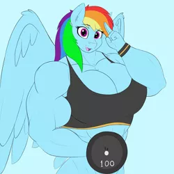 Size: 2000x2000 | Tagged: suggestive, alternate version, artist:astrum, derpibooru import, rainbow dash, anthro, pegasus, abs, amazon, biceps, big breasts, breasts, busty rainbow dash, cleavage, clothes, deltoids, digital art, female, flexing, image, lifting, looking at you, muscles, muscular female, open mouth, pecs, png, rainbuff dash, salute, simple background, smiling, solo, sports bra, triceps, weight, weight lifting, workout, workout outfit, wristband