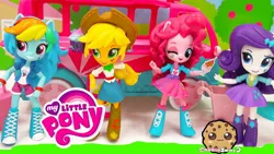 Size: 1280x720 | Tagged: safe, derpibooru import, applejack, pinkie pie, rainbow dash, rarity, equestria girls, applejack's hat, blue skin, boots, clothes, cowboy hat, curly hair, doll, dress, equestria girls minis, figure, hat, image, jpeg, multicolored hair, my little pony logo, orange skin, pink hair, pink skin, purple hair, rainbow hair, shoes, shopkins, skirt, toy, white skin, yellow hair