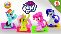 Size: 1280x720 | Tagged: safe, derpibooru import, fluttershy, pinkie pie, rainbow dash, rarity, happy meal, image, jpeg, mcdonald's, mcdonald's happy meal toys, my little pony logo, rainbow, toy