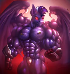 Size: 2100x2230 | Tagged: suggestive, alternate version, artist:rizzyofen, derpibooru import, oc, anthro, bat pony, pony, abs, bat pony oc, bat wings, biceps, blood, bodybuilder, clothes, costume, deltoids, fetish, glowing eyes, image, jpeg, male, male nipples, muscle fetish, muscles, muscular male, muscular stallion, nipples, nudity, overdeveloped muscles, partial nudity, pecs, solo, stallion, topless, wings