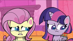 Size: 1280x720 | Tagged: safe, derpibooru import, screencap, fluttershy, twilight sparkle, twilight sparkle (alicorn), alicorn, pony, my little pony: pony life, the debut taunt, spoiler:pony life s01e24, animated, duo, duo female, female, gasp, image, implied rarity, out of context, sitting, talking, teeth, treehouse logo, webm