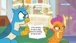 Size: 800x450 | Tagged: safe, derpibooru import, edit, edited screencap, screencap, gallus, smolder, dragon, gryphon, student counsel, blatant lies, cartoonito logo, go vegan, hilarious, image, jpeg, mouthpiece, op is a duck, op is trying to start shit, op needs to stop, vegan