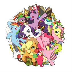 Size: 540x540 | Tagged: source needed, safe, artist:hitoto, derpibooru import, applejack, fluttershy, lightning bolt, pinkie pie, rainbow dash, rarity, spike, twilight sparkle, white lightning, bird, butterfly, insect, apple, apple tree, balloon, bits, book, cake, cloud, confetti, cupcake, cute, dashabetes, diapinkes, eyes closed, eyeshadow, food, gem, gemstones, green apple, image, jackabetes, jewel, jpeg, licking, licking lips, makeup, mane seven, mane six, noisemaker, open mouth, party popper, pastries, pastry, picket fence, rainbow, raribetes, raspberry, shyabetes, sparkles, spikabetes, strawberry, streamer, that pony sure does love animals, that pony sure does love apples, that pony sure does love books, that pony sure does love clouds, that pony sure does love gems, that pony sure does love parties, tongue out, tree, twiabetes, wagon wheel