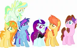 Size: 2145x1335 | Tagged: safe, artist:mysticonranger, derpibooru import, oc, butterfly, earth pony, insect, pegasus, pony, unicorn, base used, bow, clothes, earth pony oc, food, horn, image, jewelry, jpeg, magical lesbian spawn, necklace, offspring, parent:applejack, parent:big macintosh, parent:cherry jubilee, parent:donut joe, parent:fluttershy, parent:pinkie pie, parent:rainbow dash, parent:rarity, parent:sassy saddles, parent:sky stinger, parent:twilight sparkle, parent:vapor trail, parents:cherryjack, parents:fluttermac, parents:pinkiejoe, parents:rarisaddles, parents:skylight, parents:vapordash, pegasus oc, simple background, sprinkles, unicorn oc, vest, white background, wings