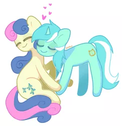 Size: 1527x1574 | Tagged: safe, artist:galactiaaa, derpibooru import, bon bon, lyra heartstrings, sweetie drops, earth pony, pony, unicorn, cuddling, cute, eyes closed, female, happy, heart, image, jpeg, lesbian, lyrabon, shipping, smiling