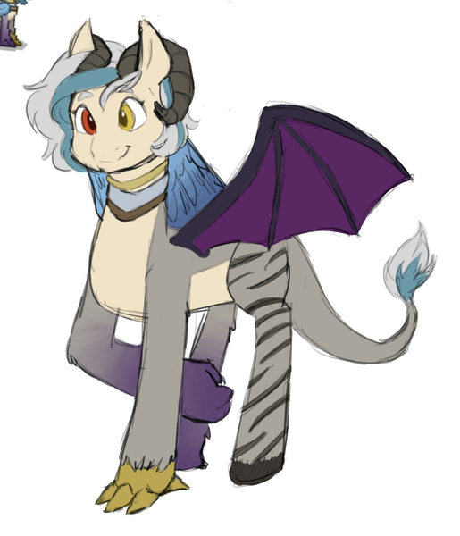 Size: 1046x1218 | Tagged: safe, derpibooru import, oc, oc:delusion, draconequus, hybrid, draconequus oc, heterochromia, horn, horns, image, jpeg, solo, stripes, talons, wings