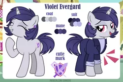 Size: 4000x2661 | Tagged: source needed, safe, artist:jennieoo, derpibooru import, oc, oc:violet evergard, pony, unicorn, business suit, clothes, cutie mark, ear piercing, earring, female, happy, image, jewelry, mare, piercing, png, reference, reference sheet, simple background, smiling, solo, suit, tuxedo, vector