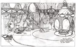 Size: 868x540 | Tagged: safe, artist:davedunnet, derpibooru import, carousel boutique, concept art, image, interior, monochrome, official art, pencil drawing, png, sketch, traditional art