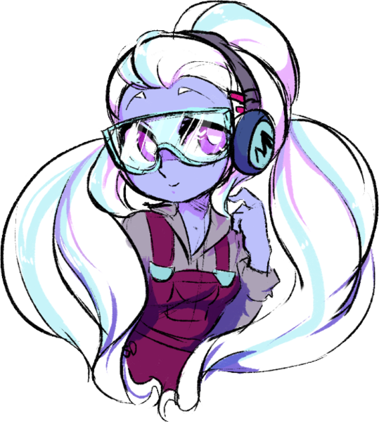 Size: 563x627 | Tagged: safe, artist:blastosunnydee, derpibooru import, edit, sugarcoat, equestria girls, friendship games, clothes, cute, earmuffs, female, image, long hair, looking at you, overalls, png, safety goggles, simple background, sketchy, smiling, solo, sugarcute, transparent background