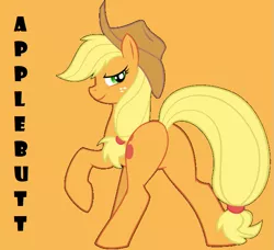 Size: 647x591 | Tagged: safe, artist:illuminatiums, artist:twilyisbestpone, derpibooru import, applejack, earth pony, pony, applebutt, applejack's hat, butt, cowboy hat, derpibooru exclusive, female, hat, image, lidded eyes, looking back, mare, one hoof raised, orange background, plot, png, presenting, raised hoof, sexy, simple background, solo, stupid sexy applejack