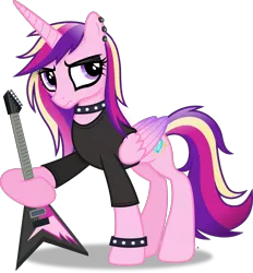 Size: 4269x4603 | Tagged: safe, artist:anime-equestria, derpibooru import, princess cadance, alicorn, pony, alternate hairstyle, annoyed, bracelet, collar, ear piercing, eyeshadow, female, guitar, horn, image, makeup, mare, musical instrument, piercing, png, punk, simple background, solo, spiked collar, spiked wristband, transparent background, vector, wings, wristband