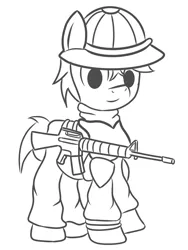 Size: 1500x2000 | Tagged: safe, artist:pizzamovies, derpibooru import, oc, unofficial characters only, earth pony, pony, fallout equestria, armor, battle saddle, clothes, earth pony oc, fallout, fallout: new vegas, gun, helmet, image, looking at you, male, monochrome, new california republic, png, rifle, smiling, stallion, weapon