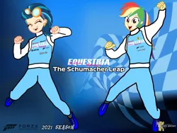 Size: 2160x1620 | Tagged: safe, artist:forzaveteranenigma, derpibooru import, indigo zap, rainbow dash, human, fanfic:equestria motorsports, equestria girls, background, forza motorsport, human coloration, humanized, image, in the air, jumping, michael schumacher, png, racing, racing suit, watermark