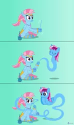 Size: 4000x6750 | Tagged: safe, artist:parclytaxel, derpibooru import, oc, oc:parcly taxel, oc:wishgriff, unofficial characters only, alicorn, classical hippogriff, genie, genie pony, hippogriff, pony, ain't never had friends like us, albumin flask, .svg available, absurd resolution, ask, blushing, bottle, comic, eye contact, eyes closed, female, gradient background, hoof over mouth, image, looking at each other, looking at you, mare, png, shaking, sitting, smiling, tickle torture, tickling, uk ponycon, vector