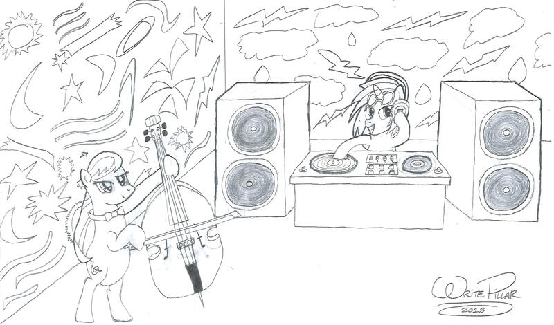 Size: 3194x1877 | Tagged: safe, artist:writepillar, derpibooru import, octavia melody, vinyl scratch, earth pony, pony, unicorn, cello, duo, female, image, jpeg, mare, monochrome, musical instrument