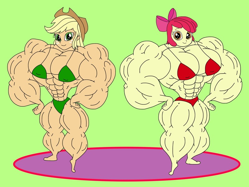 Size: 2048x1536 | Tagged: suggestive, artist:ducklover4072, derpibooru import, apple bloom, applejack, equestria girls, abs, apple brawn, applejacked, biceps, bikini, bodybuilder, bow, breasts, buff breasts, busty apple bloom, busty applejack, clothes, competitor, cowboy hat, duo, duo female, female, hand on hip, hat, image, jpeg, looking at you, muscles, muscular female, overdeveloped muscles, swimsuit