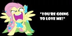 Size: 1202x607 | Tagged: safe, artist:mowza2k2, artist:twilyisbestpone, derpibooru import, fluttershy, pegasus, pony, angry, black background, clothes, derpibooru exclusive, dress, flower, flutterrage, gala dress, image, open mouth, png, quote, simple background, solo, vector, volumetric mouth, wings, you're going to love me