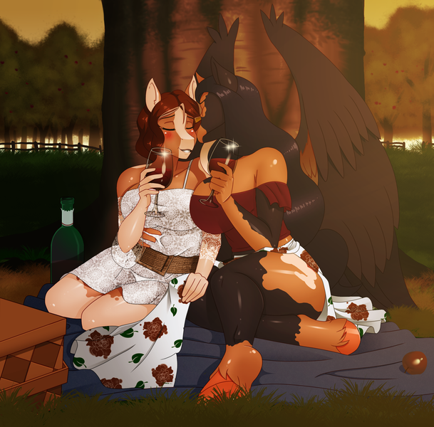 Size: 2335x2300 | Tagged: safe, artist:chacrawarrior, derpibooru import, oc, oc:breaking dawn, oc:honeycrisp meadow, unofficial characters only, anthro, earth pony, pegasus, pony, unguligrade anthro, alcohol, anthro oc, apple, apple tree, basket, big breasts, blaze (coat marking), blushing, bottle, breasts, clothes, commission, couple, digital art, dress, earth pony oc, eyes closed, female, food, gift art, gilf, glass, image, kiss on the cheek, kissing, lesbian, mare, milf, orchard, pegasus oc, picnic basket, picnic blanket, png, shoulderless, sunset, tree, wholesome, wine, wine bottle, wine glass, wings