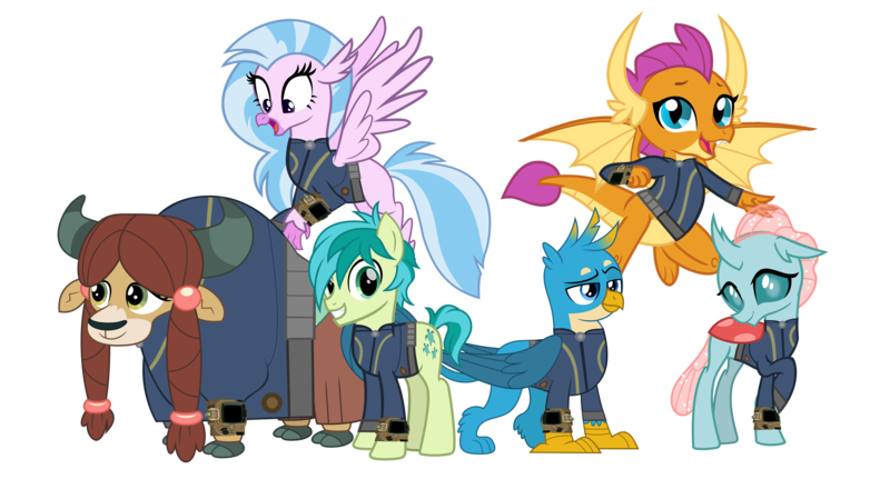 Size: 5360x3008 | Tagged: safe, artist:cheezedoodle96, artist:crystalmagic6, artist:dashiesparkle, artist:ponygamer2020, derpibooru import, gallus, ocellus, sandbar, silverstream, smolder, yona, changedling, changeling, classical hippogriff, dragon, earth pony, gryphon, hippogriff, pony, yak, fallout equestria, school daze, absurd resolution, claws, clothes, cloven hooves, crossed legs, cute, cuteling, diaocelles, diastreamies, dragon wings, dragoness, fallout, female, flying, gallabetes, group, happy, high res, image, jewelry, jumpsuit, looking at you, male, necklace, open mouth, pipboy, png, raised eyebrow, sandabetes, shy, simple background, smiling, smiling at you, smolderbetes, spread wings, student six, teenaged dragon, teenager, teeth, transparent background, vault suit, vector, wings, yonadorable