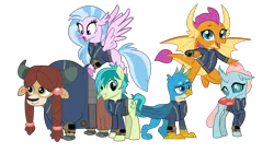 Size: 5360x3008 | Tagged: safe, artist:cheezedoodle96, artist:crystalmagic6, artist:dashiesparkle, artist:ponygamer2020, derpibooru import, gallus, ocellus, sandbar, silverstream, smolder, yona, changedling, changeling, classical hippogriff, dragon, earth pony, gryphon, hippogriff, pony, yak, fallout equestria, school daze, absurd resolution, claws, clothes, cloven hooves, crossed legs, cute, cuteling, diaocelles, diastreamies, dragoness, dragon wings, fallout, female, flying, gallabetes, group, happy, high res, image, jewelry, jumpsuit, looking at you, male, necklace, open mouth, pipboy, png, raised eyebrow, sandabetes, shy, simple background, smiling, smiling at you, smolderbetes, spread wings, student six, teenaged dragon, teenager, teeth, transparent background, vault suit, vector, wings, yonadorable