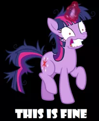 Size: 519x633 | Tagged: safe, artist:thecheeseburger, artist:twilyisbestpone, derpibooru import, twilight sparkle, pony, unicorn, big smile, black background, blatant lies, derpibooru exclusive, female, glowing horn, horn, image, insanity, mare, meme, messy mane, messy tail, one hoof raised, png, raised hoof, simple background, solo, this is fine, twilight snapple, unicorn twilight, vector, wide eyes