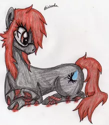 Size: 1745x2004 | Tagged: safe, artist:beamybutt, derpibooru import, oc, unofficial characters only, earth pony, pony, earth pony oc, eyelashes, female, image, jpeg, looking back, lying down, mare, prone, signature, simple background, solo, traditional art, white background