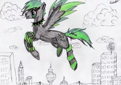 Size: 3491x2464 | Tagged: safe, artist:beamybutt, derpibooru import, oc, unofficial characters only, pegasus, pony, clothes, cloud, flying, high res, image, jpeg, male, outdoors, pegasus oc, signature, socks, solo, stallion, striped socks, traditional art, two toned wings, wings