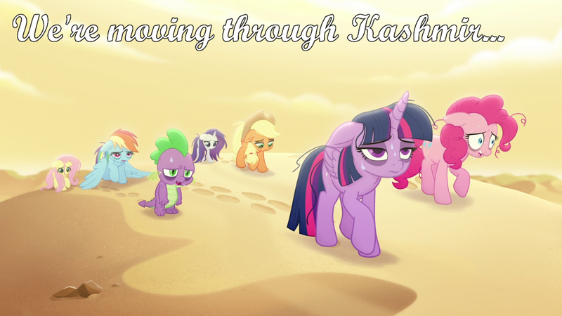 Size: 1920x1080 | Tagged: safe, derpibooru import, edit, edited screencap, screencap, applejack, fluttershy, pinkie pie, rainbow dash, rarity, spike, twilight sparkle, my little pony: the movie, bags under eyes, desert, image, led zeppelin, mane seven, mane six, messy mane, png, quote, song reference, sweat