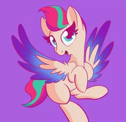 Size: 929x900 | Tagged: safe, artist:nevaylin, derpibooru import, zipp storm, pegasus, pony, adorazipp, colored wings, cute, eyelashes, female, g5, image, jpeg, looking at you, lowres, mare, multicolored wings, open mouth, purple background, raised hoof, simple background, solo, spread wings, wings