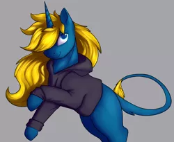 Size: 3266x2684 | Tagged: safe, artist:flashnoteart, derpibooru import, oc, oc:flashnote, unicorn, clothes, colored, hoodie, image, long mane, male, png, rearing, smiling, solo
