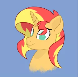 Size: 822x820 | Tagged: safe, artist:iron curtain, derpibooru import, sunset shimmer, pony, unicorn, blue background, bust, cute, eyelashes, female, image, looking at you, lowres, mare, png, portrait, shimmerbetes, simple background, smiling