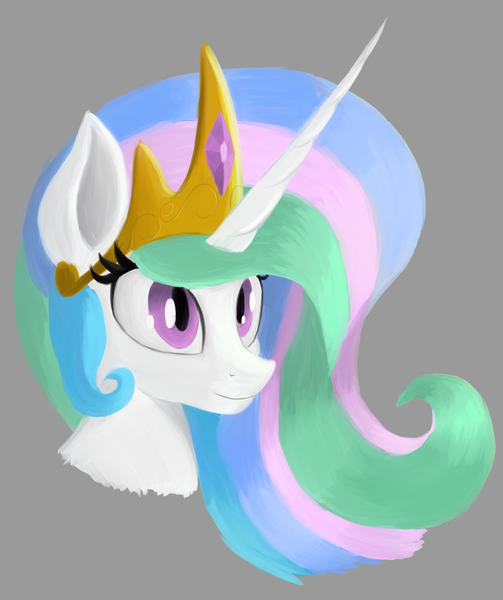 Size: 1996x2380 | Tagged: safe, artist:iron curtain, derpibooru import, princess celestia, alicorn, pony, bust, crown, cute, cutelestia, eyelashes, female, gray background, high res, image, jewelry, mare, multicolored hair, png, portrait, regalia, simple background, smiling, solo